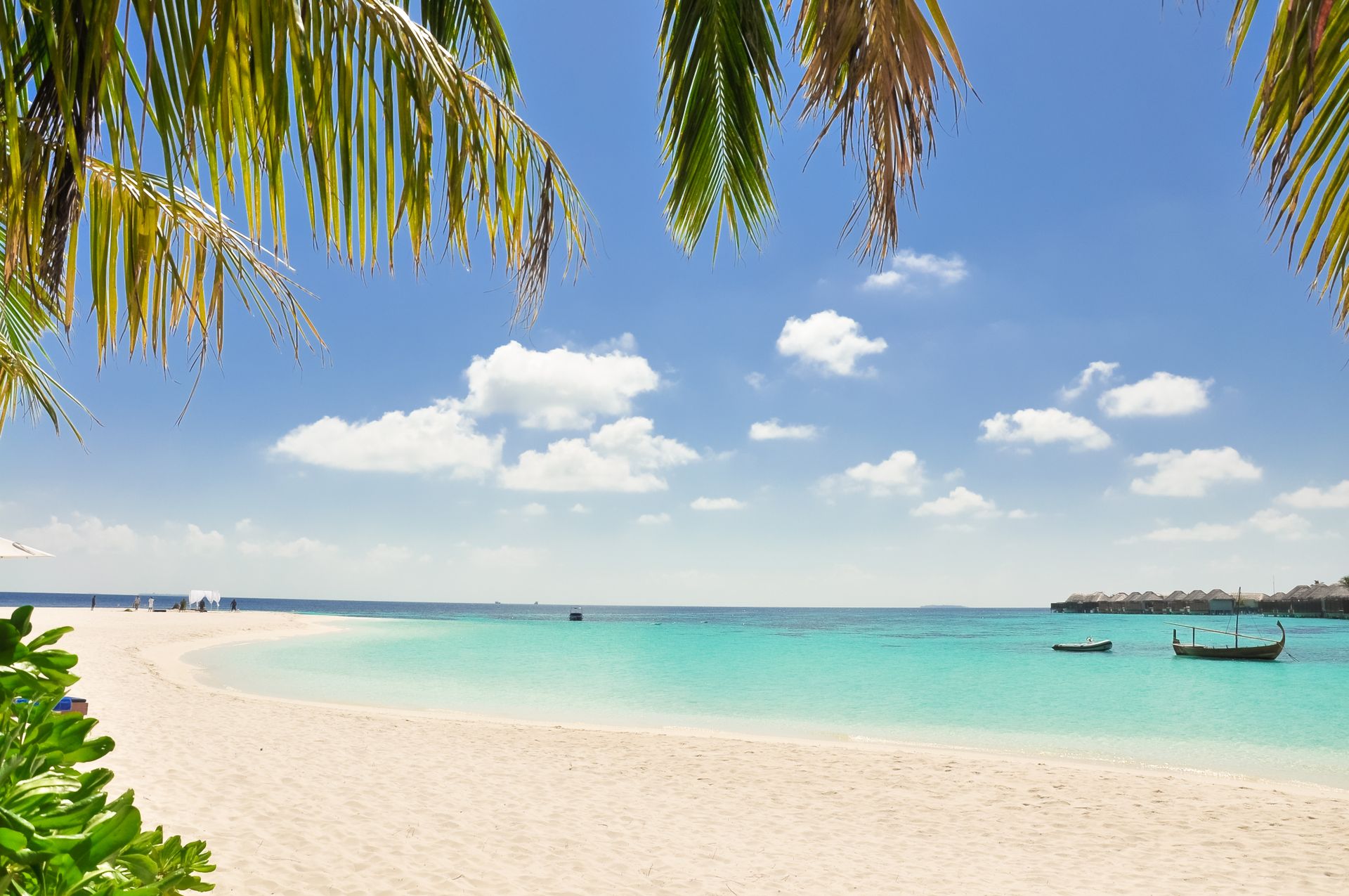 Türkisblaues Meer, Sandstrand und Sonne unter Palmen